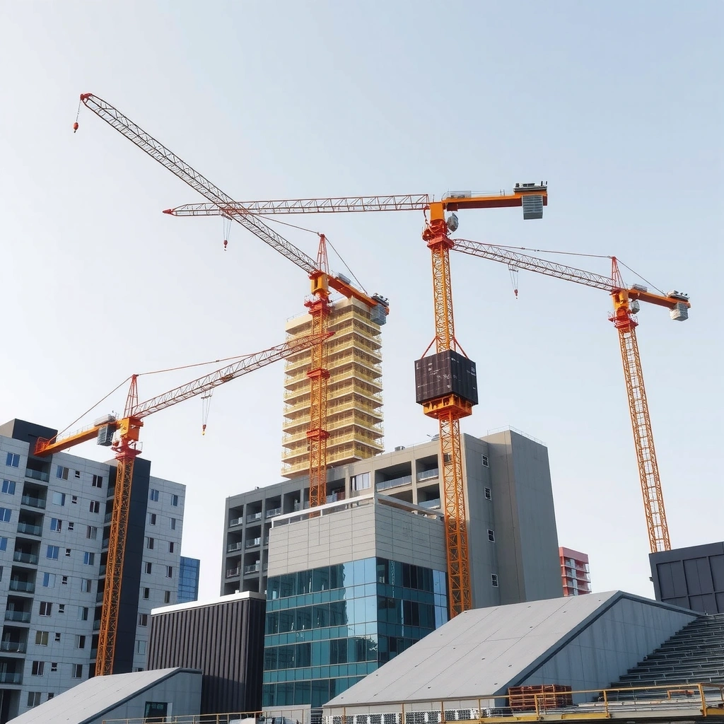 Modern construction site with cranes and workers